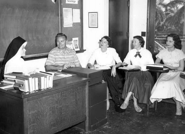 Sister Hildegarde Brennan instructs a group of graduate students
