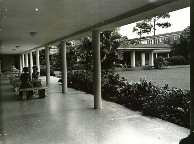 Fine Arts Quadrangle, students sitting outside