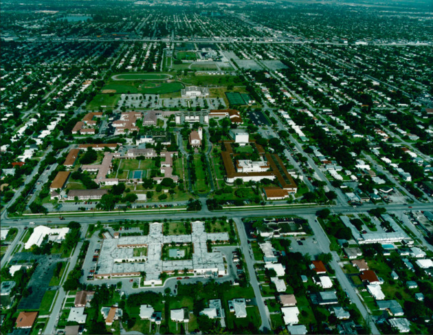 Aerial view of the Barry campus showing the addition of the Health and Sports Center