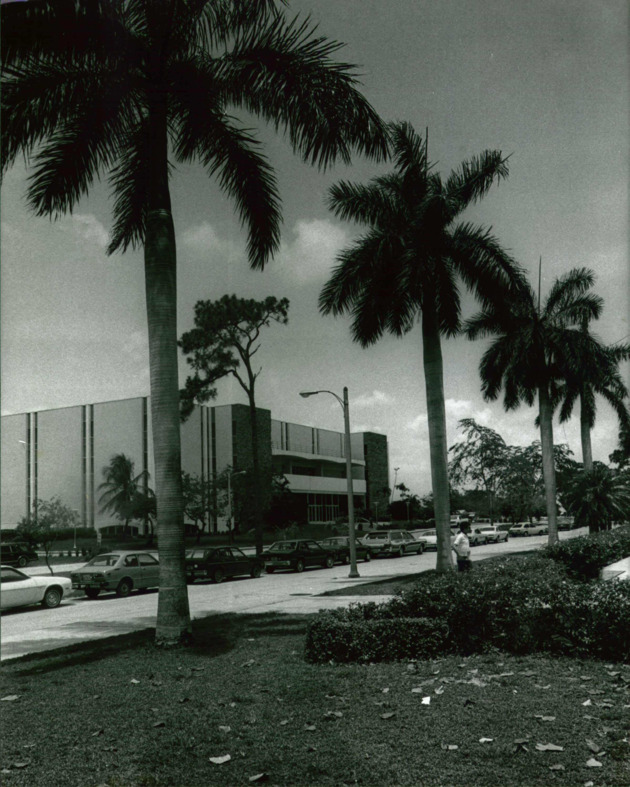 Monsignor William Barry Memorial Library viewed from the lawn of Thompson Hall