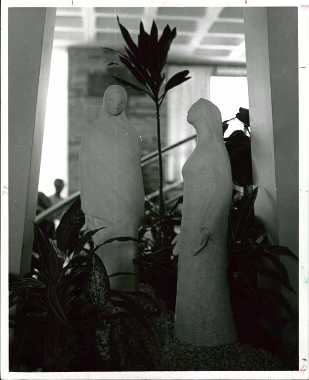 Sculptures in the lobby of Dalton-Dunspaugh residence hall