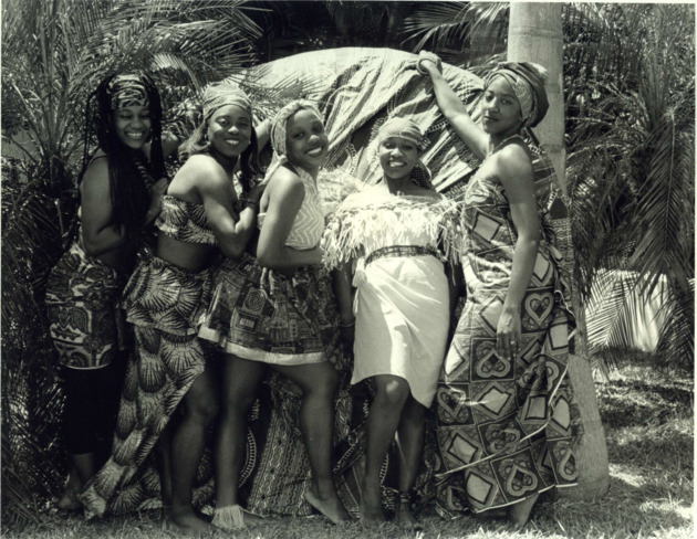 Dance students in African traditional costume in the Fine Arts Quadrangle