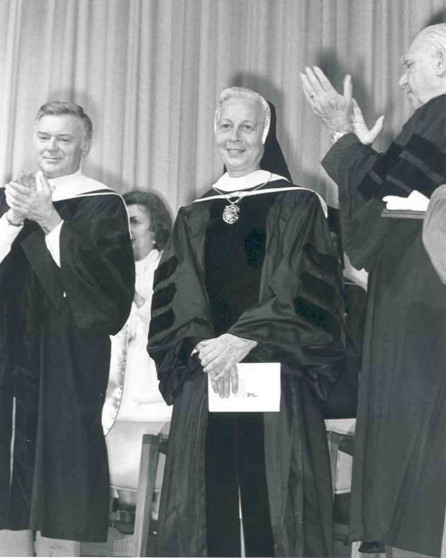 Sister Trinita Flood, O.P., onstage at her inauguration as Barry College President